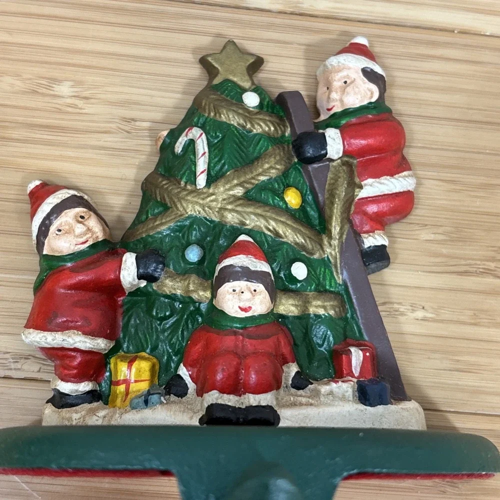 Vintage Cast Iron Christmas Stocking Holder Hanger For Mantle Santa's Elves